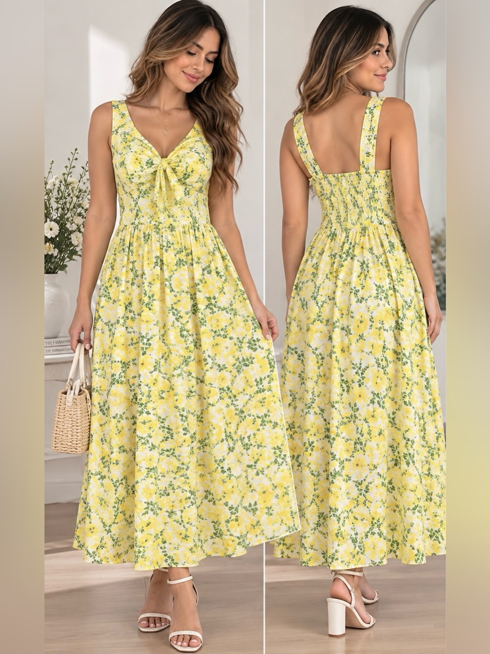 “Band of the Free‎ Floral Midi Dress w/ Pockets Yellow Cottagecore”